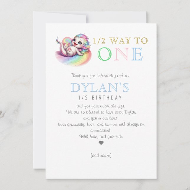 Lilla Dragon Halfway till en blå 6-månads födelsed Tack Kort (Framsida)