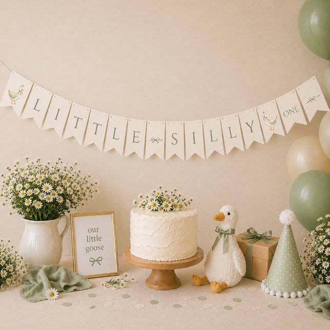 Lilla Dumma Gås EN Sagegrön Första Födelsedag Vimplar (Little Silly Goose ONE Sage Green First Birthday Bunting Flags)