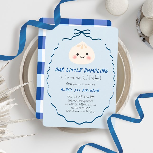Lilla Dumpling Blå Band Pojke 1-årsdag Inbjudningar (Skapare uppladdad)