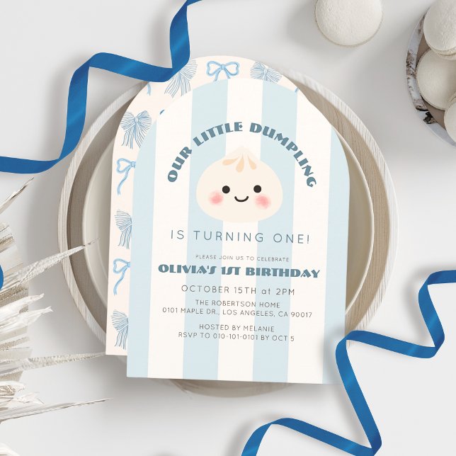 Lilla Dumpling Blå Ränder Pojke 1-årsdag Inbjudningar (Skapare uppladdad)
