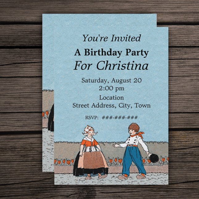 Lilla Dutch Girl Boy Traditional Dress Birthday Inbjudningar (Little Dutch children in traditional clothes red tulips on Birthday party invitations.)