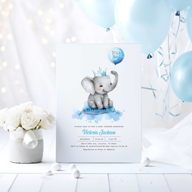 Lilla Elephant Prince Det är en pojkvän-babystötar Inbjudningar (Little Elephant Blue Baby Shower Invitations)