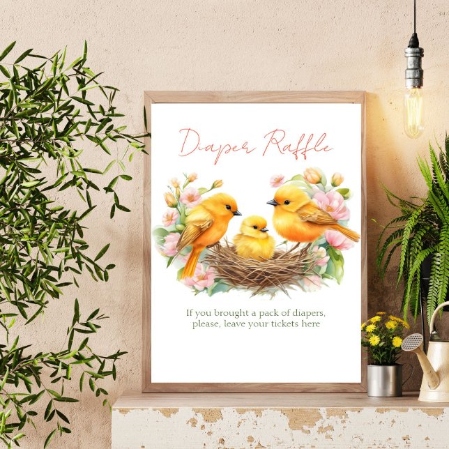 Lilla fågel i vår-babyduschbladet, raffskylt poster (Little bird spring baby shower diaper raffle sign hatching soon  ready to hatch cute canary birds)