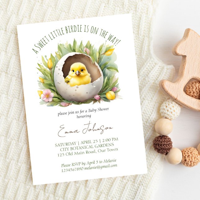 Lilla fågelläggning snart vår babydusch inbjudningar (Little birdie hatching soon spring baby shower template invitation digital download cute canary bird)