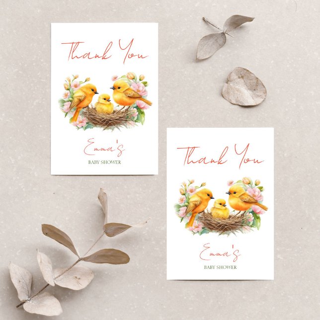 Lilla fågelläggning snart vår babydusch tack kort (Little birdie hatching soon spring baby shower thank you card cute canary birds with baby chick)