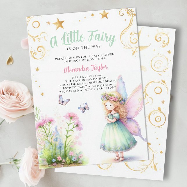 Lilla Fairy Enchanted Garden Flicka Shower Inbjudningar (a little fairy girl baby shower invitation enchanted forest garden magical butterfly gold sparkle)