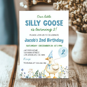 Lilla Fånig Goose Blue Balloon 2:a födelsedagen Inbjudningar
