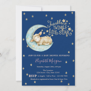 Lilla får, måne, glitter gnist stjärna baby shower inbjudningar