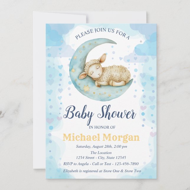 Lilla får månhjärtan Blå baby shower Inbjudningar (Framsida)