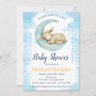 Lilla får månhjärtan Blå baby shower Inbjudningar