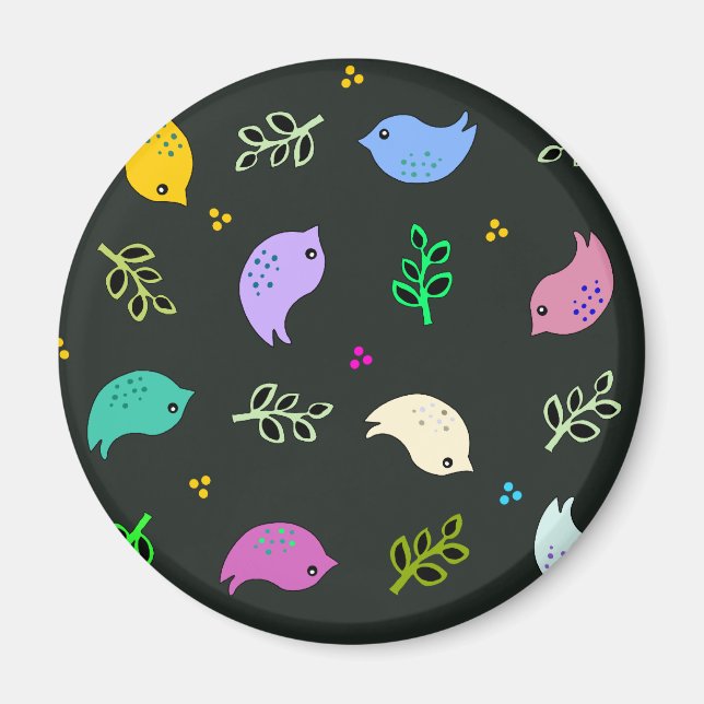 Lilla färgade fåglar Mönster på svart Magnet (Framsidan)