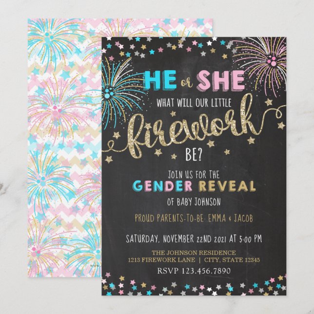 Lilla Fireworks Gender Reveal bjudan Inbjudningar (Fram/baksida)