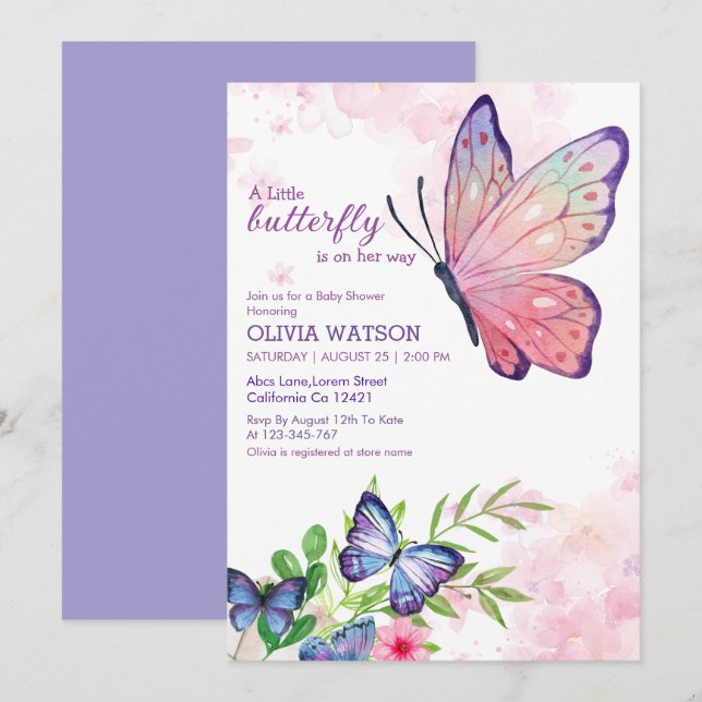 Lilla fjäril är på väg mot blå babyskor inbjudningar (Fram/baksida)