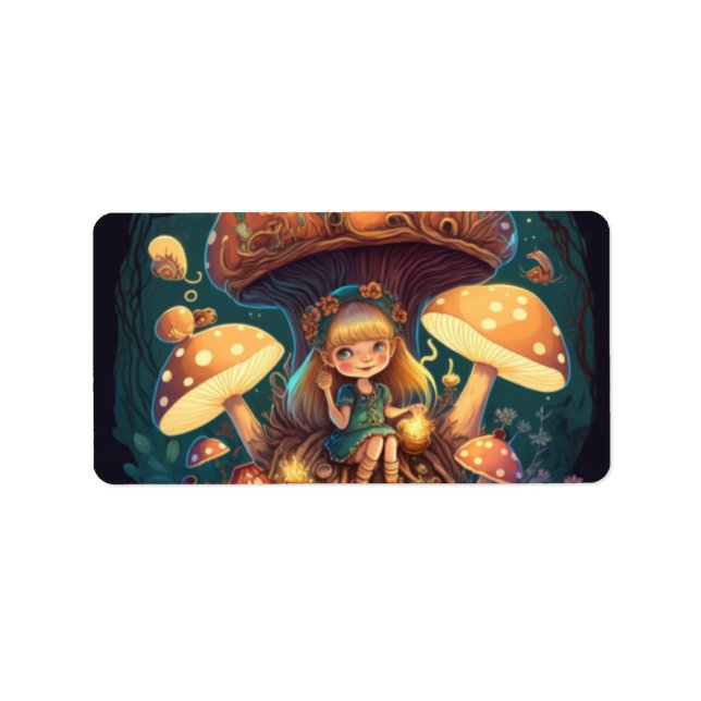 Lilla flicka bland svampar adressetikett (Framsidan)