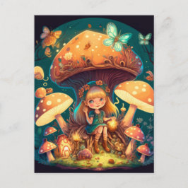 Lilla flicka bland svampar vykort