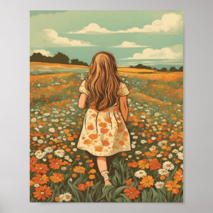 Lilla flicka i blomman fält poster