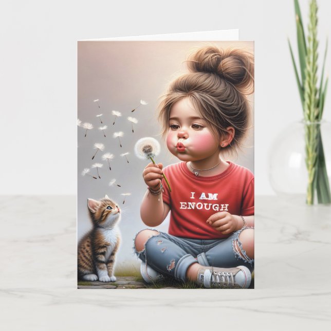 Lilla flicka som blåser dandelioner för födelsedag kort (Framsida)