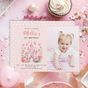 Lilla flickas 1-års födelsedags rosa slott Foto Inbjudningar