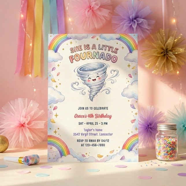 Lilla Fournado Rainbow Tornado Flicka 4-årsdag Inbjudningar (Little Fournado Rainbow Tornado Girls Birthday Party Invitation)