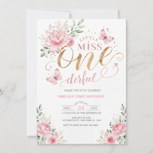 Lilla Fröken ONEderful Rosa Blommig 1-årsdag Inbjudningar