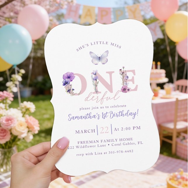 Lilla Fröken ONEderful Rosa Vildblomma 1-årsdag (Pink Text - ONEderful Birthday Invite)