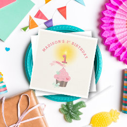 Lilla Fröken Rosa Cupcake Flickans 1-års födelseda Pappersservett