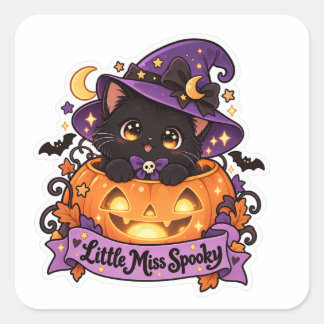Lilla Fröken Spooky Söt Svart Katt och Pumpa Fyrkantigt Klistermärke