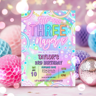 Lilla Fröken Three-nage Neonregnbåge 3-årsdag Inbjudningar