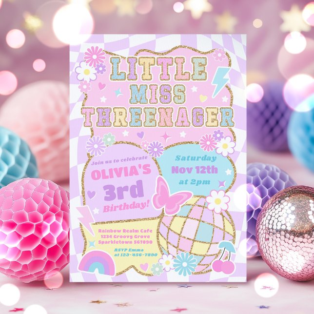 Lilla Fröken Threenager Stilig Groovy 3-årsfest Inbjudningar (Skapare uppladdad)