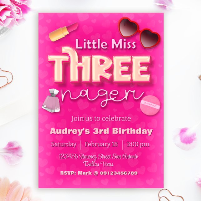 Lilla Fröken Threenager - Tjejens 3-årsdag Inbjudningar (Little Miss Threenager - Girl 3rd Birthday Invitation)