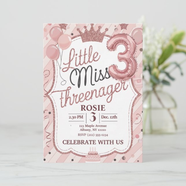 Lilla Fröken Tre-nåring 3-års födelsedag Rosa Inbjudningar (Stående Fram)