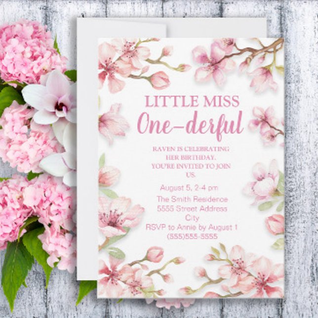 Lilla Fröken Underbar 1-års Födelsedag Rosa Blommi Inbjudningar (Skapare uppladdad)