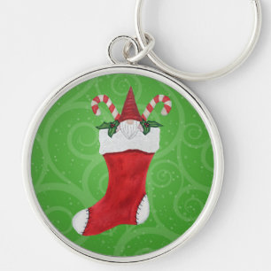 Lilla Gnome Red Hat White Beard Stock Grönt Rund Silverfärgad Nyckelring