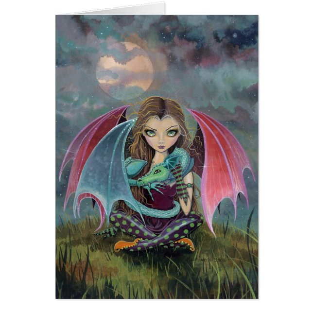 Lilla Gotham Fairy and Dragon Fantasy Art Card Hälsningskort (Framsidan)