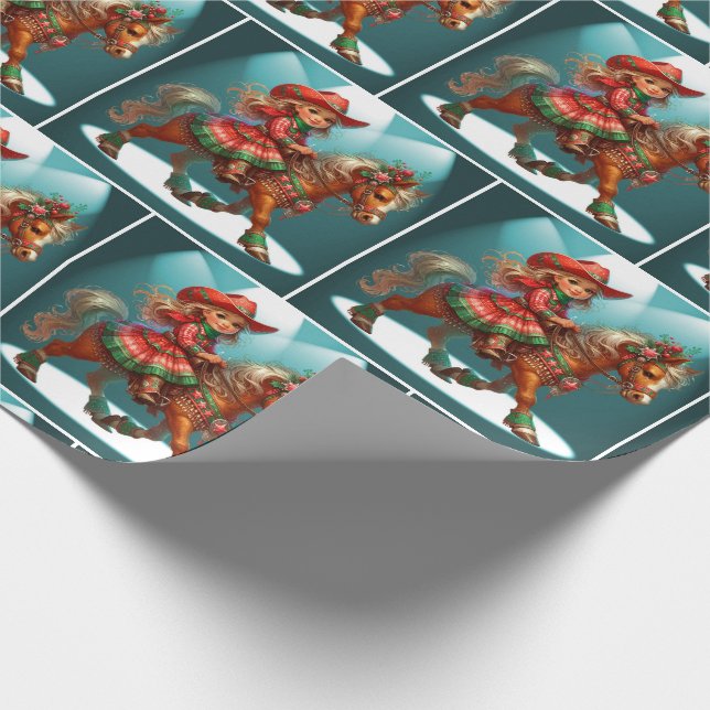 Lilla gryflicka med juldräkt på häst presentpapper (Hörn)