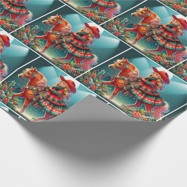 Lilla gryflicka med juldräkt på häst presentpapper (Hörn)