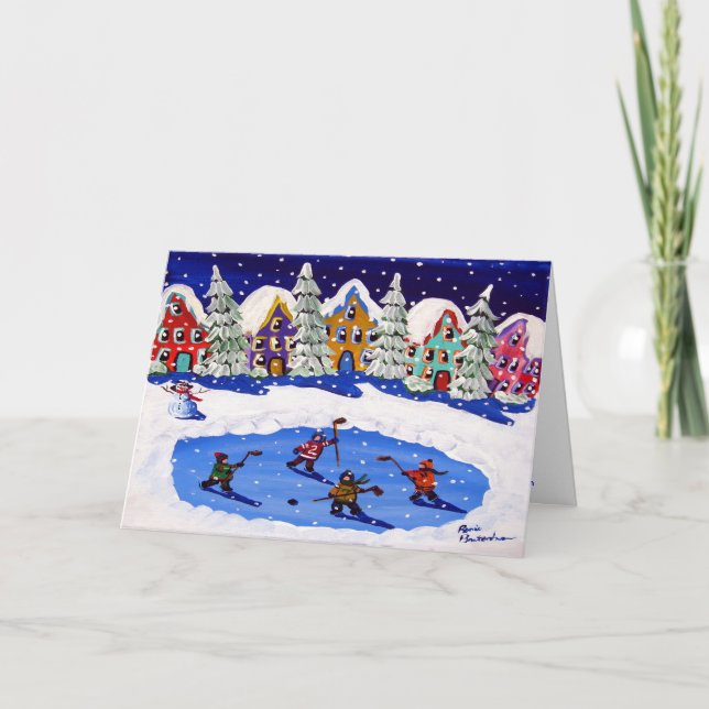 Lilla hackiga spelare Ice Skate Vinter Art Card Helgkort (Framsida)