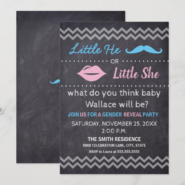 Lilla han lilla Hon Läppar Mustache Gender avslöja Inbjudningar (Fram/baksida)