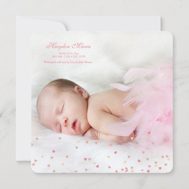 Lilla Hearts Girl Photo Birth Announcement Meddelande (Framsida)