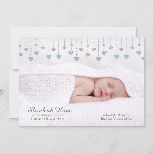 Lilla Hearts Photo Birth Notice Meddelande (Framsida)