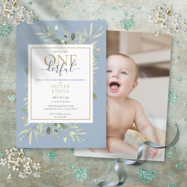 Lilla herr UNDERBARA pojken blå foto första födels Inbjudningar (Little Mr ONEderful Boy Blue Photo First Birthday Invitation)