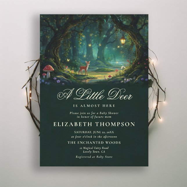 Lilla Hjort Förtrollad Skogsdunge Barnkalas Inbjudningar (little deer enchanted forest baby shower theme invite mushrooms wildflowers lantern woodland emerald)