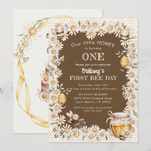 Lilla Honey Fyller Ett År Bisk Daisy 1-årsdag Inbjudningar