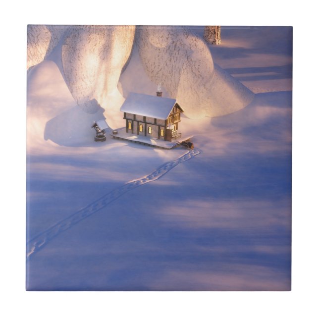 Lilla hus i dekorativa plattan i Snö / Trivet Kakelplatta (Framsidan)
