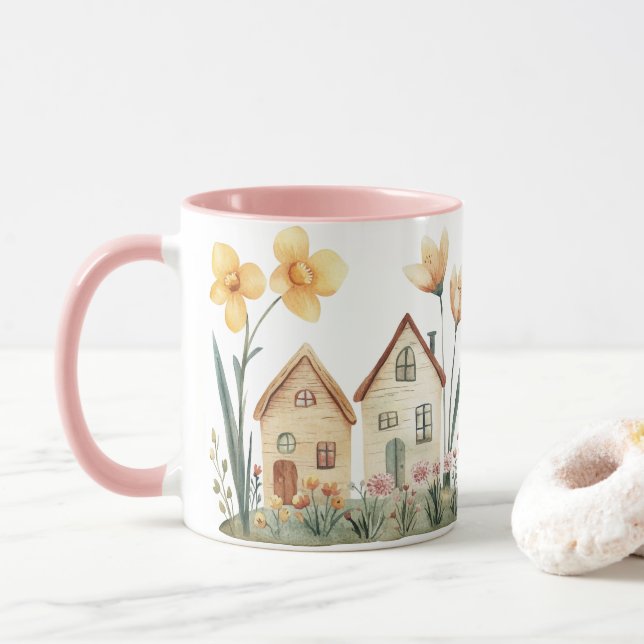 Lilla hus vintage blomster stuga mugg (Med munk)