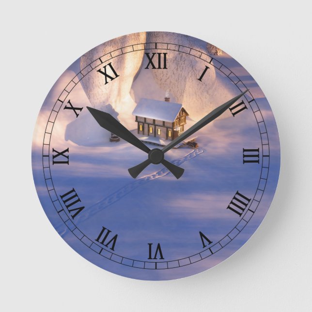 Lilla huset i Snö Clock Rund Klocka (Framsida)