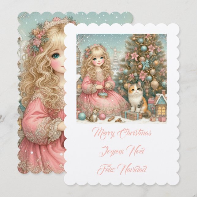 Lilla katt och flicka, God jul Inbjudningar (Fram/baksida)