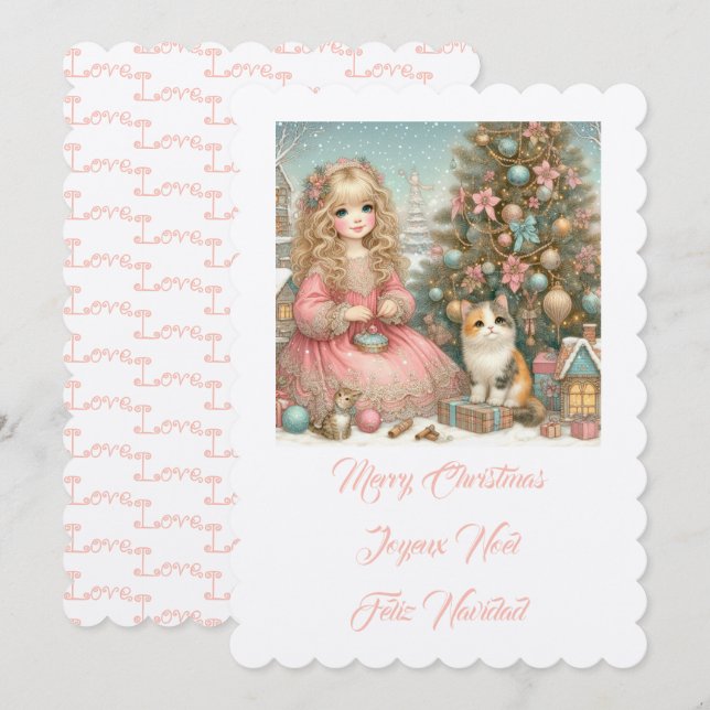 Lilla katt och flicka, God jul Inbjudningar (Fram/baksida)