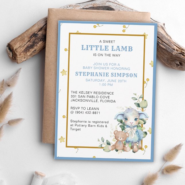 Lilla Lamb på vägen | Blue Baby Shower Inbjudan (Skapare uppladdad)