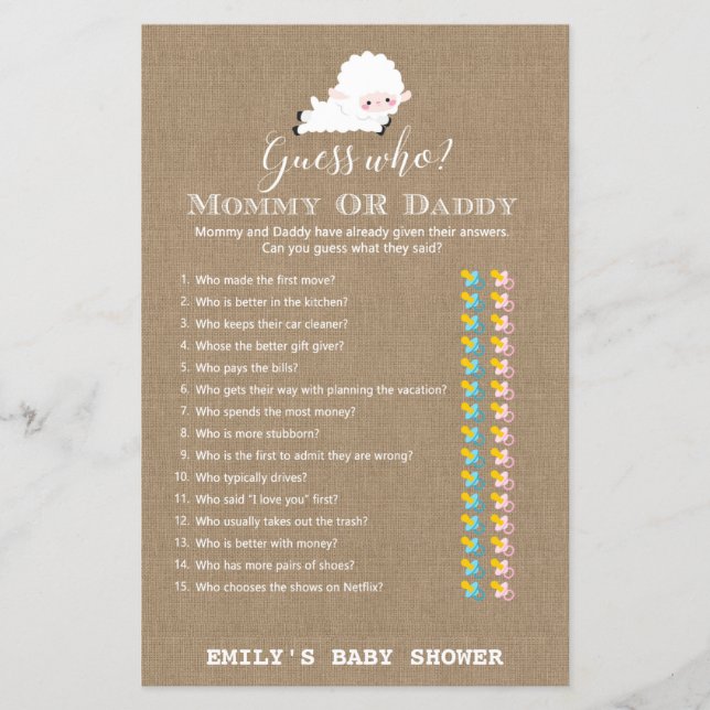 Lilla lamm-babyshower-spel UTRYCKT (Framsida)